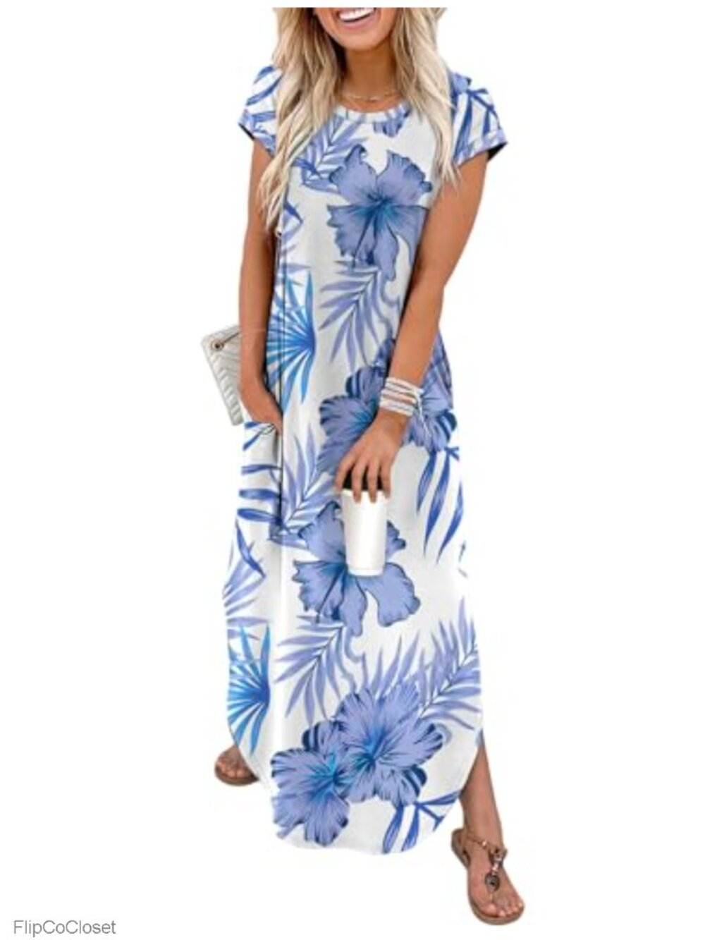 Cap Sleeve Crew Neck Maxi Dress with Pockets Casual Beach Vacation